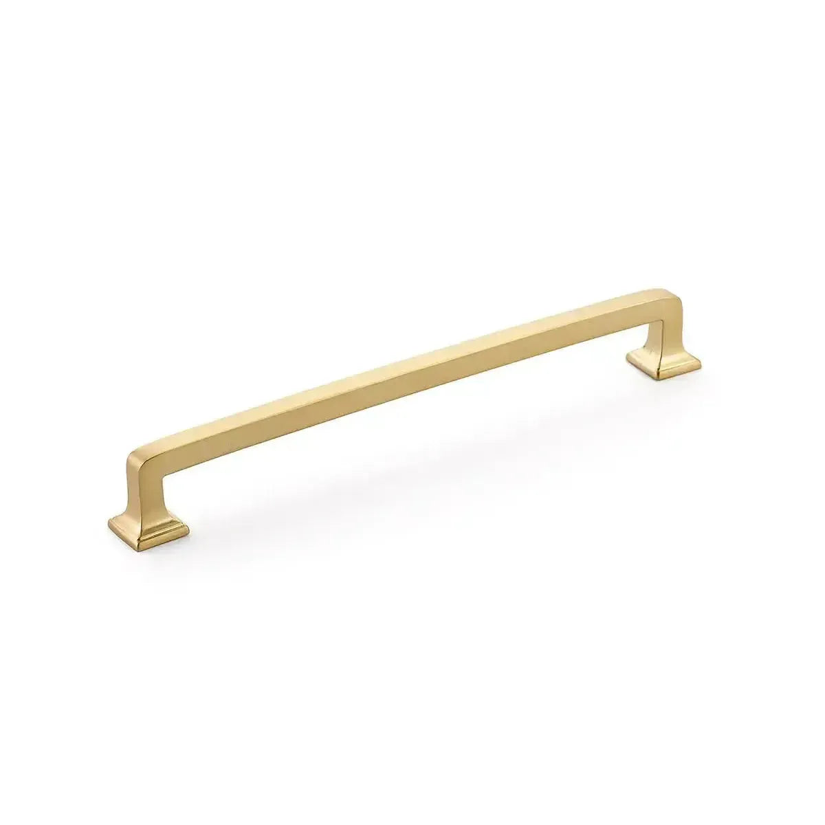 The Schaub Menlo Park Cabinet Pull in Signature Satin Brass finish.