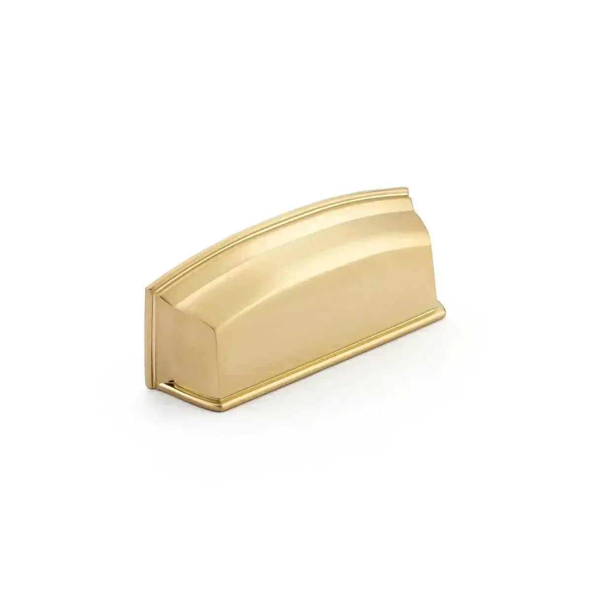 The Schaub Menlo Park Cup Pull in Signature Satin Brass finish.