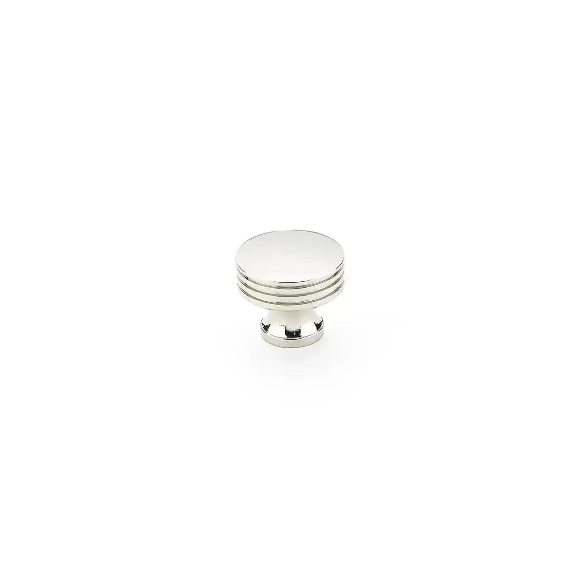The Schaub Menlo Park Ridged Cabinet Knob in Polished Nickel finish.