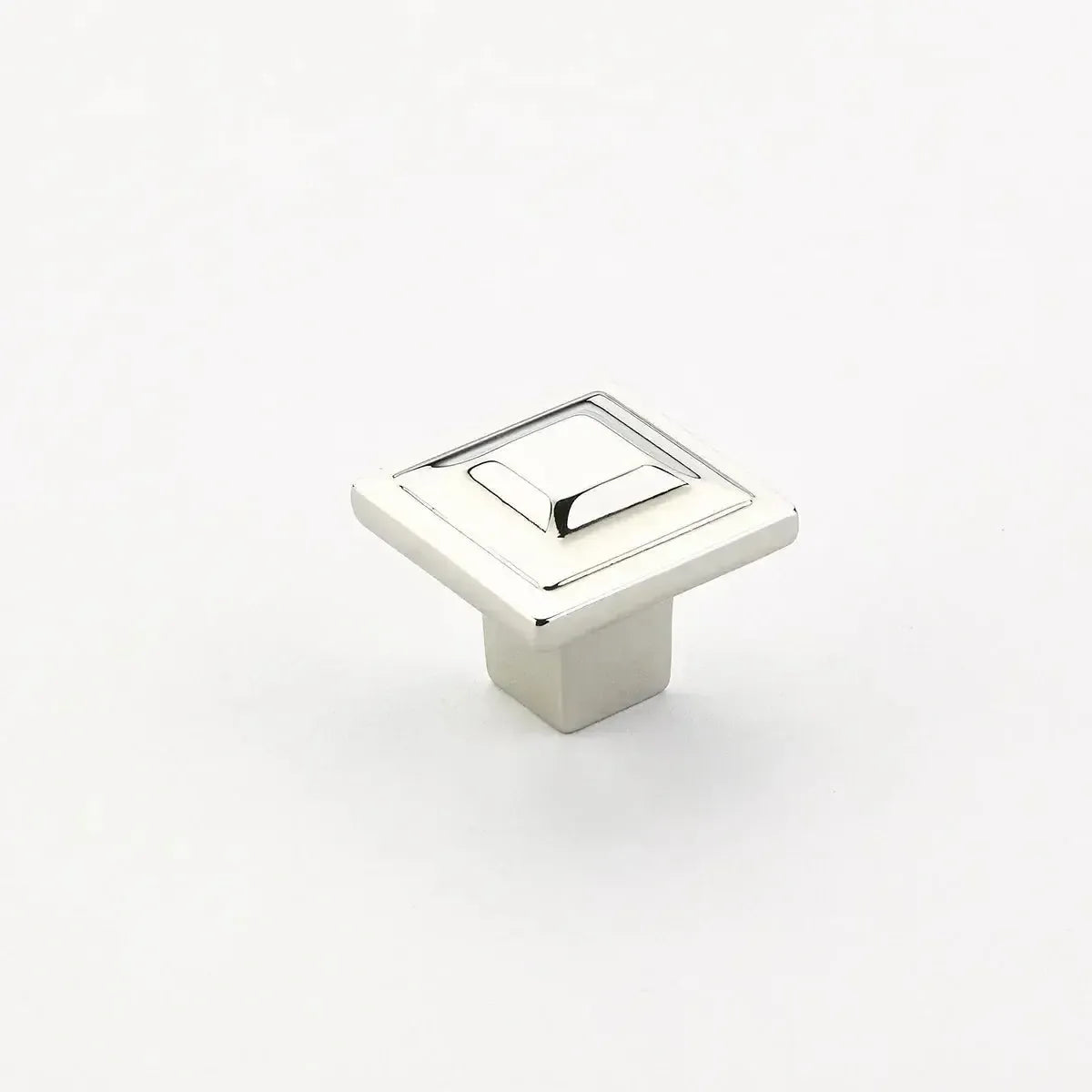 The Schaub Menlo Park Square Cabinet Knob in Polished Nickel finish.