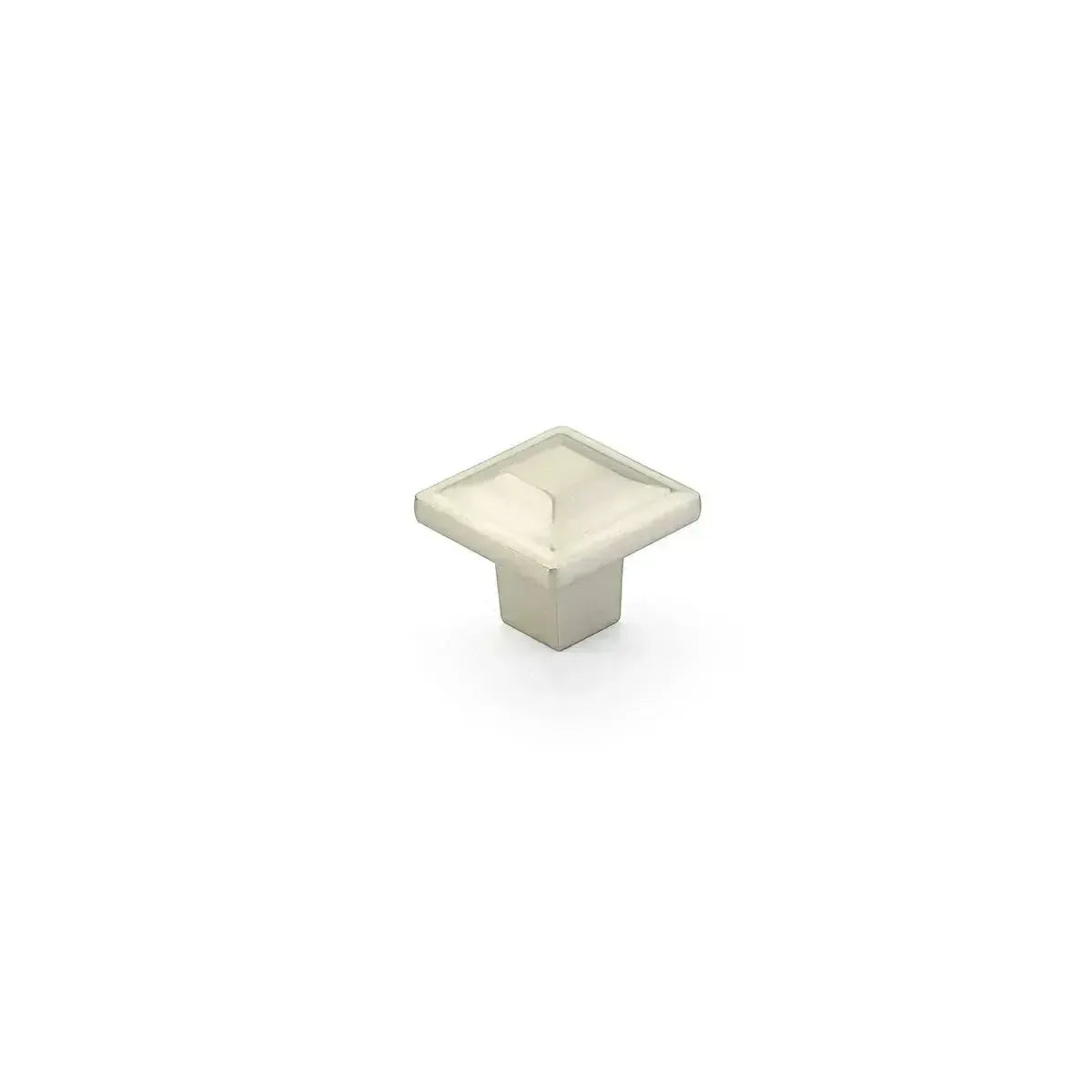 The Schaub Menlo Park Square Cabinet Knob in Satin Nickel finish.
