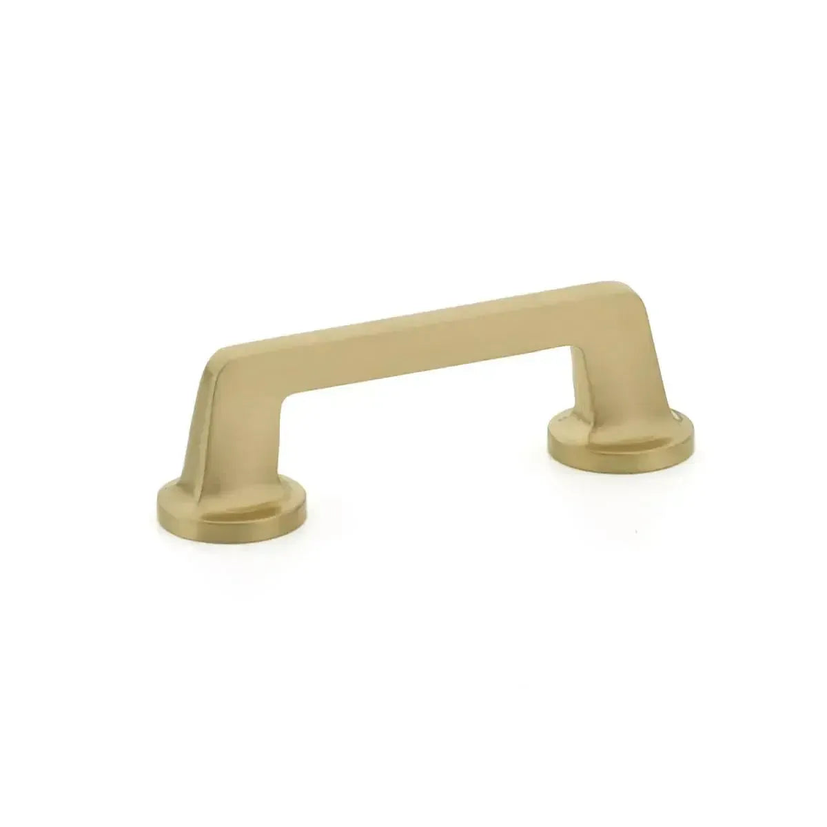 The Schaub Northport Pull with Round Bases in Signature Satin Brass finish.