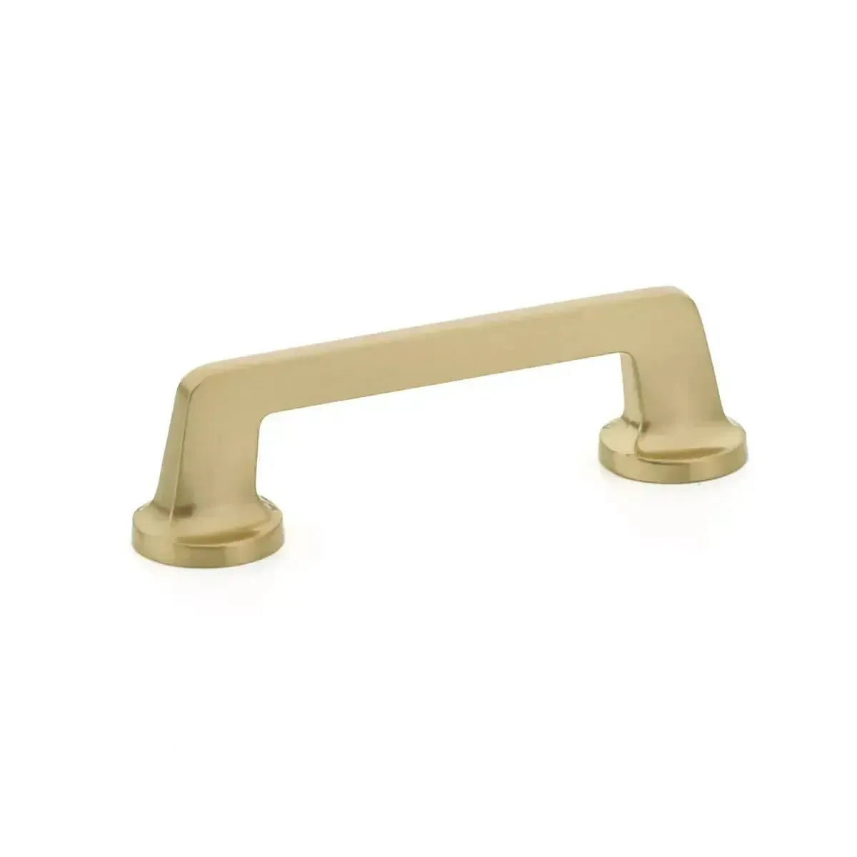 The Schaub Northport Pull with Round Bases in Signature Satin Brass finish.