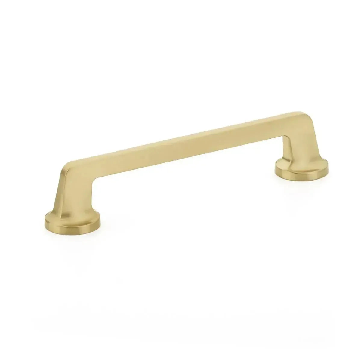 The Schaub Northport Pull with Round Bases in Signature Satin Brass finish.