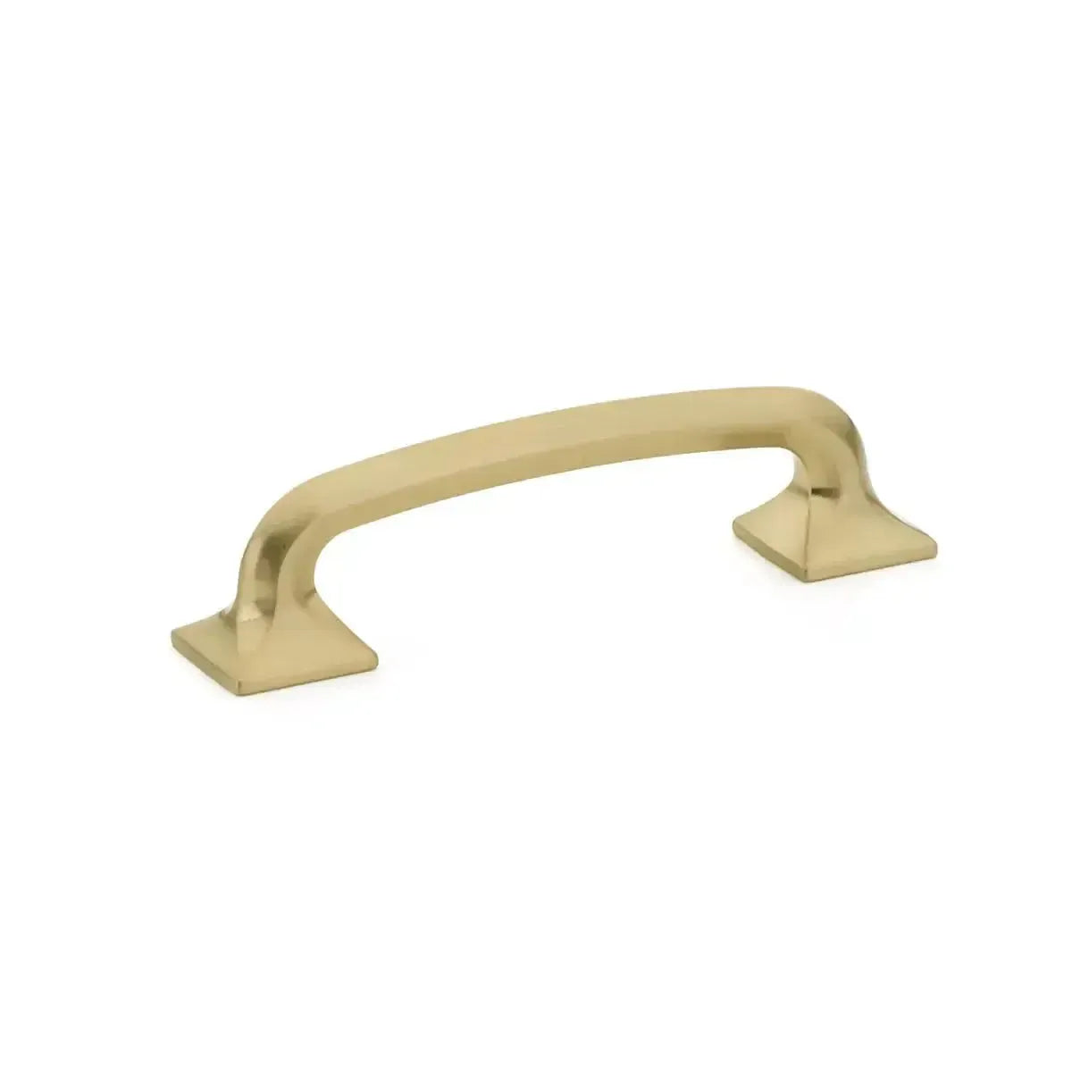 The Schaub Northport Pull with Square Bases in Signature Satin Brass finish.