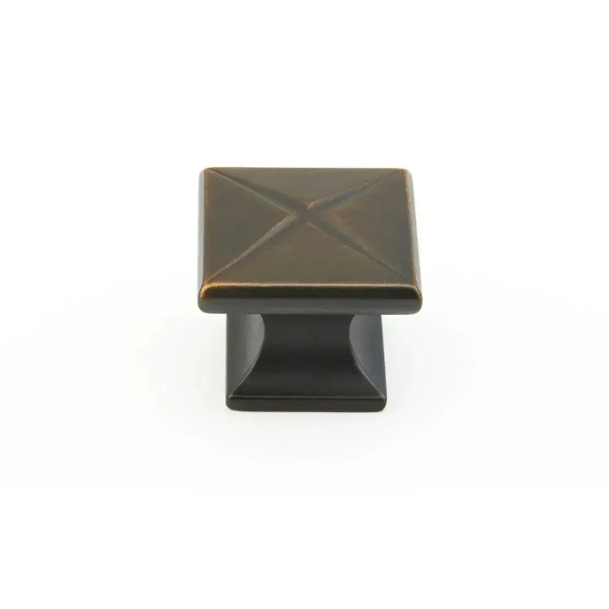 The Schaub Northport Square Cabinet Knob in Ancient Bronze finish.