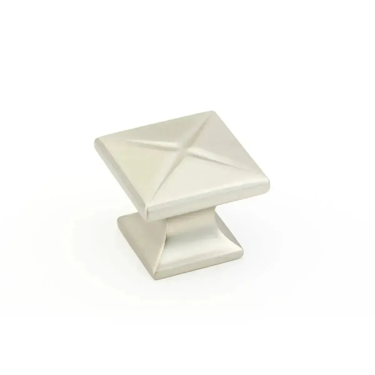 The Schaub Northport Square Cabinet Knob in Satin Nickel finish.