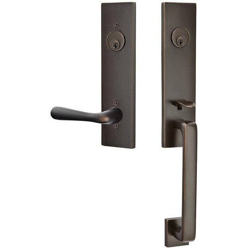 Emtek Davos Handleset with Interior Basel Lever in Oil Rubbed Bronze finish