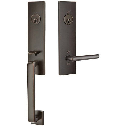 Emtek Davos Tubular Entrance Handleset With Stuttgart Lever in Oil Rubbed Bronze finish