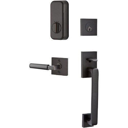 The Emtek EMPowered Baden Tubular Entrance Handleset Single Cylinder with Hercules Lever in Oil Rubbed Bronze finish