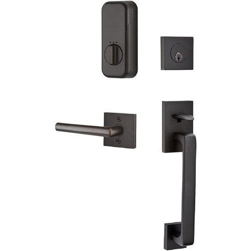 The Emtek EMPowered Baden Tubular Entrance Handleset Single Cylinder with Stuttgart Lever in Oil Rubbed Bronze finish