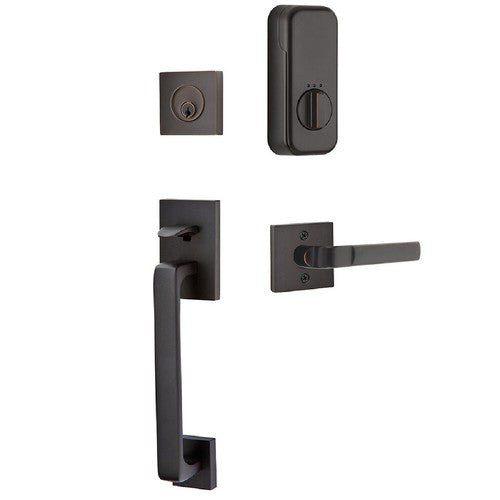 The Emtek EMPowered Smart Lock Baden Tubular Single Cylinder Entrance Handleset with Aston Lever in Oil Rubbed Bronze finish