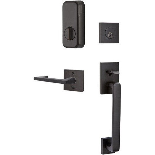 The Emtek EMPowered Smart Lock Upgrade Baden Tubular Single Cylinder Entrance Handleset with Argos Lever in Oil Rubbed Bronze finish