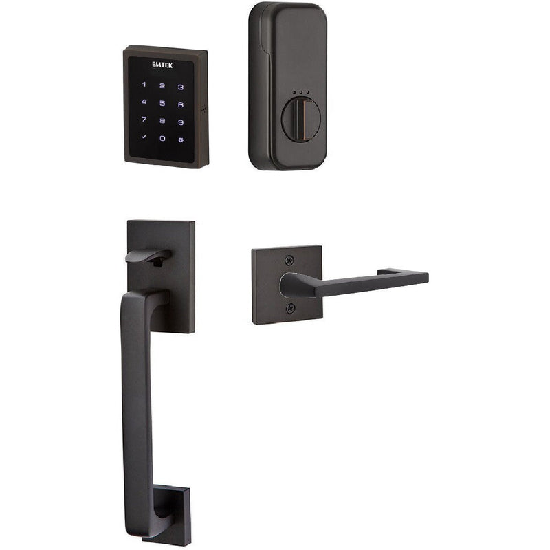 The Emtek Electronic EMPowered Motorized Touchscreen Keypad Entry Set With Baden Grip and Argos Lever in Oil Rubbed Bronze finish