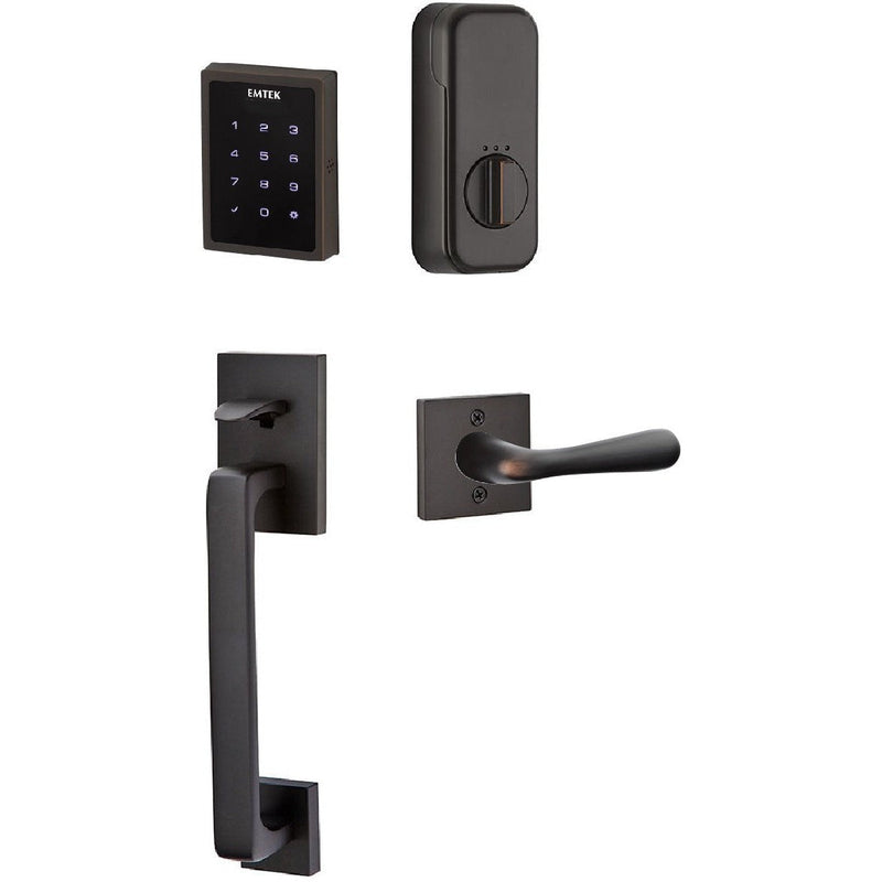 The Emtek Electronic EMPowered Motorized Touchscreen Keypad Entry Set With Baden Grip and Basel Lever in Oil Rubbed Bronze finish