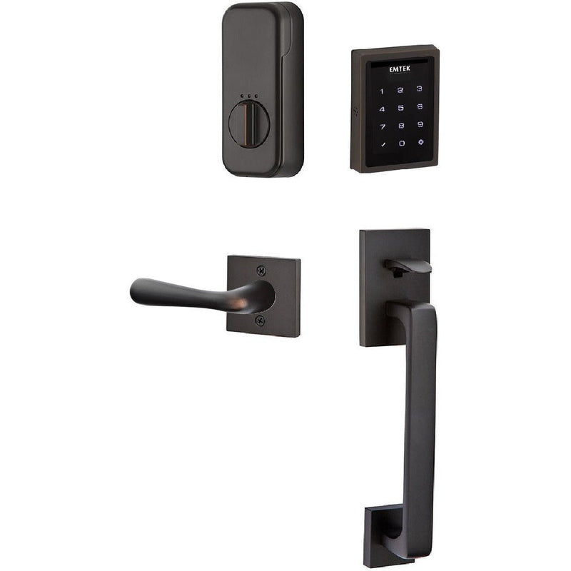 The Emtek Electronic EMPowered Motorized Touchscreen Keypad Entry Set With Baden Grip and Basel Lever in Oil Rubbed Bronze finish