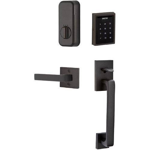 The Emtek Electronic EMPowered Motorized Touchscreen Keypad Entry Set With Baden Grip and Dumont Lever in Oil Rubbed Bronze finish