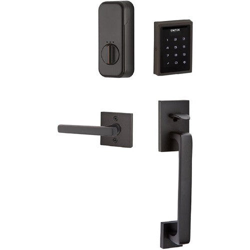 The Emtek Electronic EMPowered Motorized Touchscreen Keypad Entry Set With Baden Grip and Freestone Lever in Oil Rubbed Bronze finish