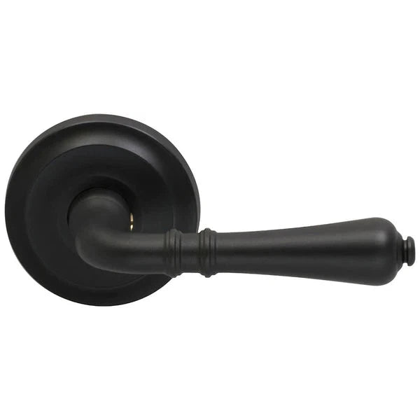 The Omnia Traditions 752 Lever with Round Rosette in Black, Oil-Rubbed, Lacquered finish