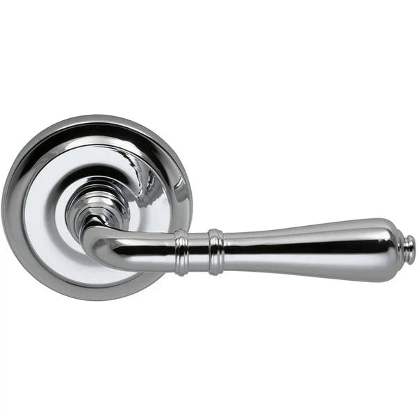 The Omnia Traditions 752 Lever with Round Rosette in Polished Chrome, Plated finish