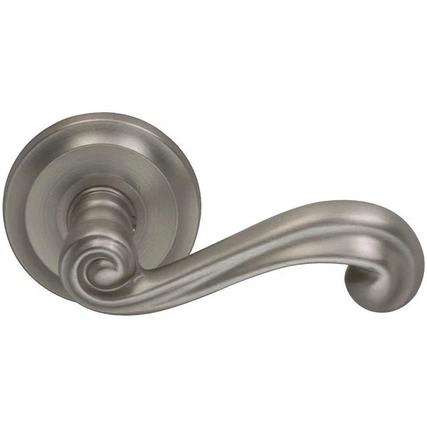 The Omnia Traditions 55 Lever with Round Rosette in Satin Nickel, Lacquered finish