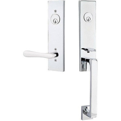 Emtek Davos Handleset with Interior Basel Lever in Polished Chrome finish