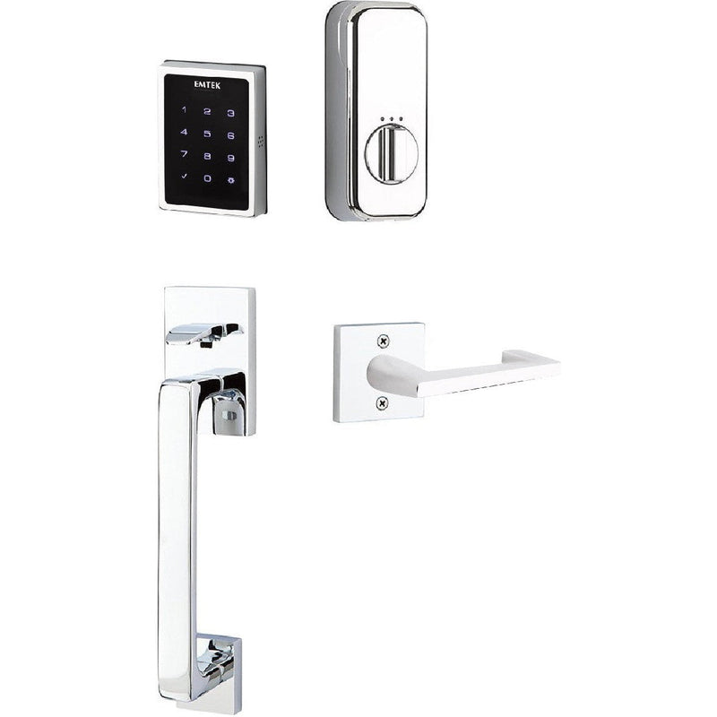 The Emtek Electronic EMPowered Motorized Touchscreen Keypad Entry Set With Baden Grip and Argos Lever in Polished Chrome finish