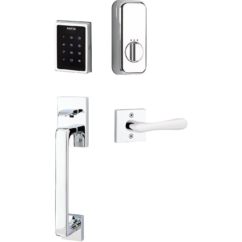 The Emtek Electronic EMPowered Motorized Touchscreen Keypad Entry Set With Baden Grip and Basel Lever in Polished Chrome finish