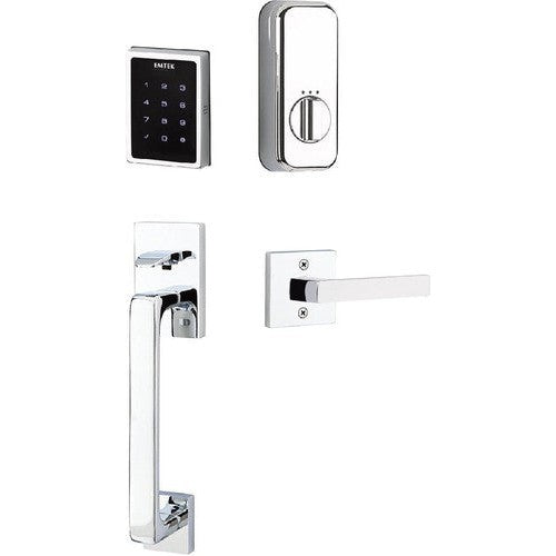 The Emtek Electronic EMPowered Motorized Touchscreen Keypad Entry Set With Baden Grip and Dumont Lever in Polished Chrome finish