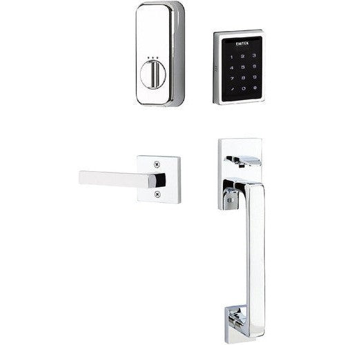 The Emtek Electronic EMPowered Motorized Touchscreen Keypad Entry Set With Baden Grip and Dumont Lever in Polished Chrome finish