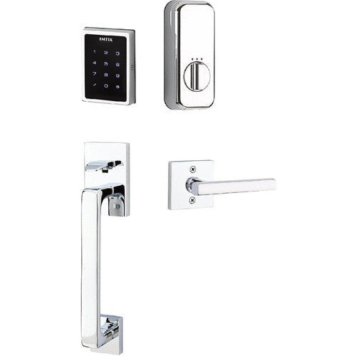 The Emtek Electronic EMPowered Motorized Touchscreen Keypad Entry Set With Baden Grip and Freestone Lever in Polished Chrome finish