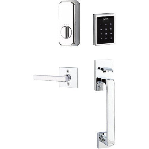 The Emtek Electronic EMPowered Motorized Touchscreen Keypad Entry Set With Baden Grip and Freestone Lever in Polished Chrome finish