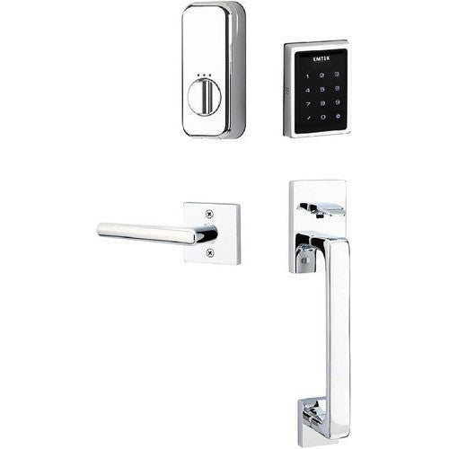 The Emtek Electronic EMPowered Motorized Touchscreen Keypad Entry Set With Baden Grip and Stuttgart Lever in Polished Chrome finish