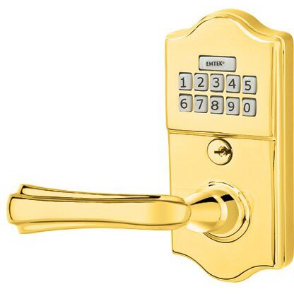 Emtek Classic Electronic Keypad Leverset with Wembley Lever in Polished Brass finish