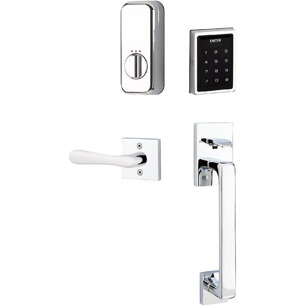 The Emtek Electronic EMPowered Motorized Touchscreen Keypad Entry Set With Baden Grip and Basel Lever in Polished Chrome finish