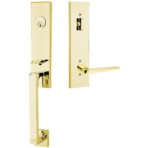 Emtek Davos Handleset with Interior Athena Lever in Unlacquered Brass finish