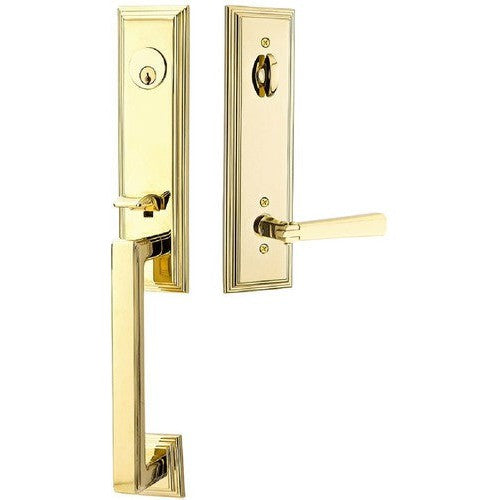 Emtek Wilshire Tubular Entrance Handleset With Arts & Crafts Lever in Unlacquered Brass finish