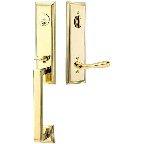 Emtek Wilshire Tubular Entrance Handleset With Basel Lever in Unlacquered Brass finish