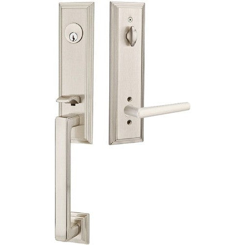 Emtek Wilshire Tubular Entrance Handleset With Stuttgart Lever in Satin Nickel finish