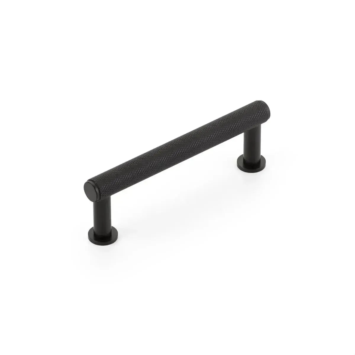 The Schaub Pub House Knurled Cabinet Pull in Matte Black finish.
