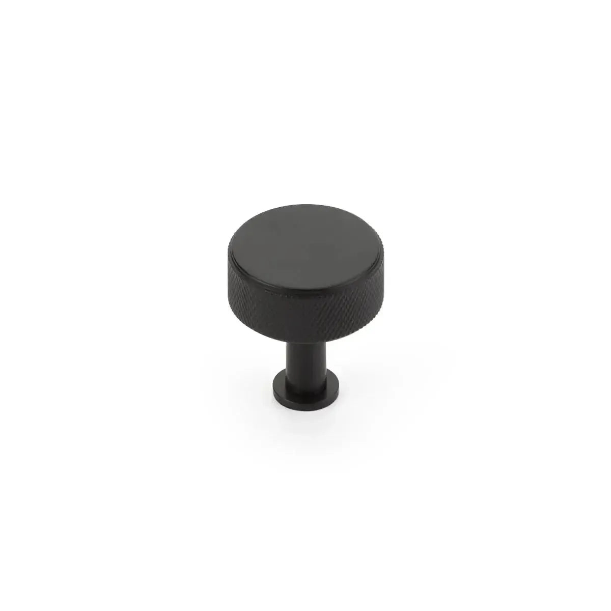 The Schaub Pub House Knurled Round Cabinet Knob in Matte Black finish.