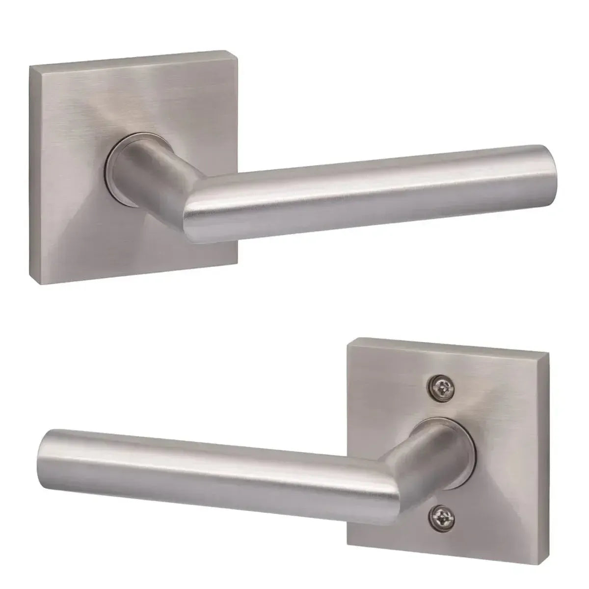 Ridgecrest Hanover 28° Lever with Square Rosette in Satin Stainless Steel finish