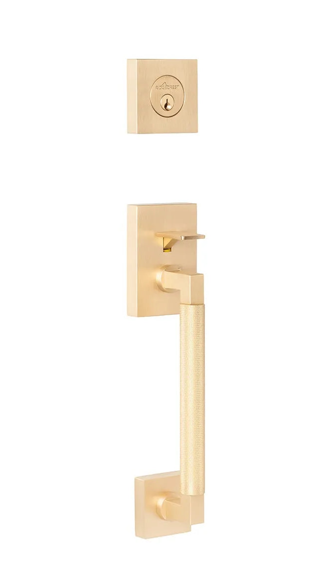 Ridgecrest Roma Handleset with Knurled Grip-Exterior Trim Only in Satin Brass finish