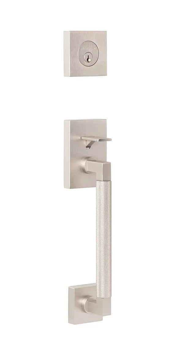 Ridgecrest Roma Handleset with Knurled Grip-Exterior Trim Only in Satin Nickel finish