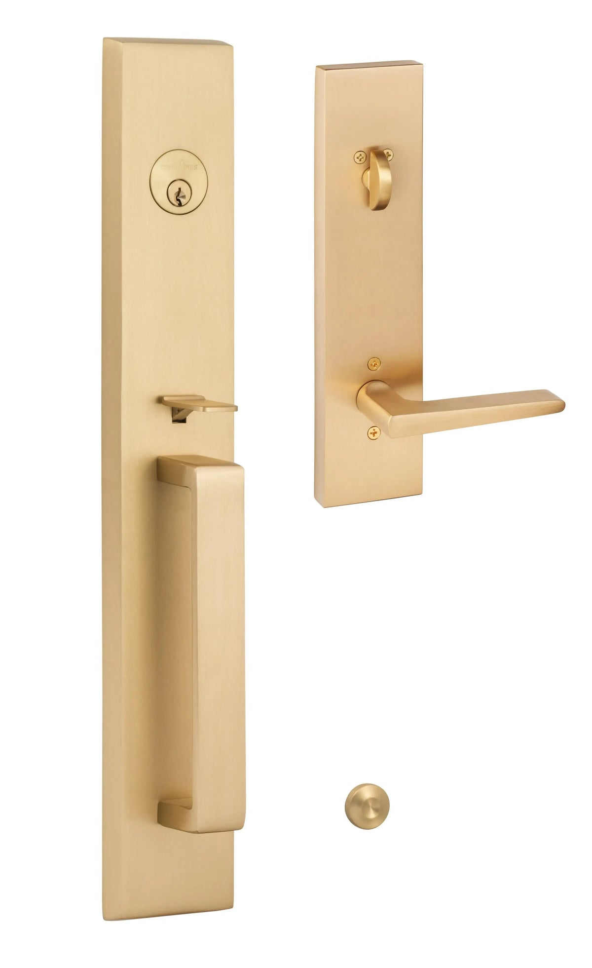 Ridgecrest Vail Handleset with Basel Lever Handleset Trim in Satin Brass finish