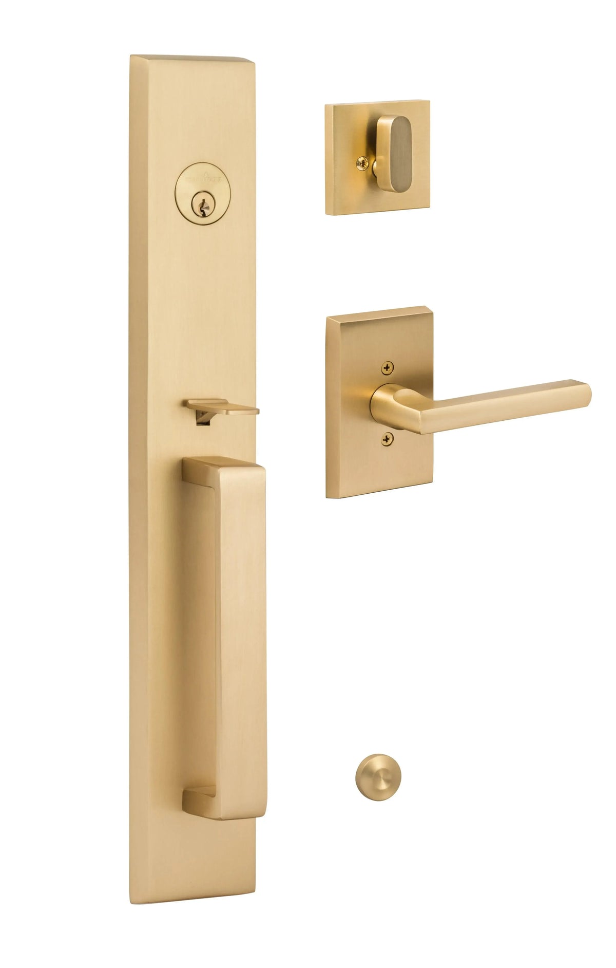 Ridgecrest Vail Handleset with Logan Lever Handleset Trim in Satin Brass finish