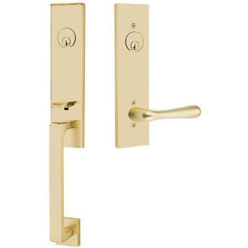 Emtek Davos Handleset with Interior Basel Lever in Satin Brass finish