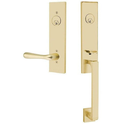 Emtek Davos Handleset with Interior Basel Lever in Satin Brass finish