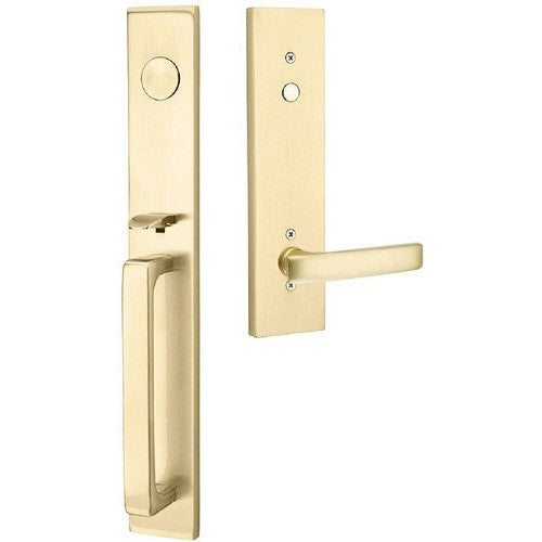 Emtek Dummy Lausanne Tubular Entrance Handleset with Geneva Lever in Satin Brass finish