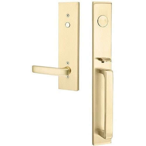 Emtek Dummy Lausanne Tubular Entrance Handleset with Geneva Lever in Satin Brass finish